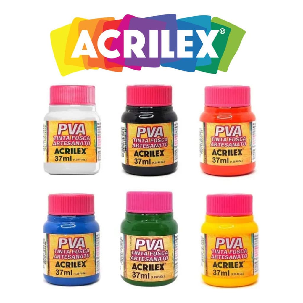Tinta Pva Fosca Artesanato Acrilex Pintura Escolar 6 Cores Potes 37ml