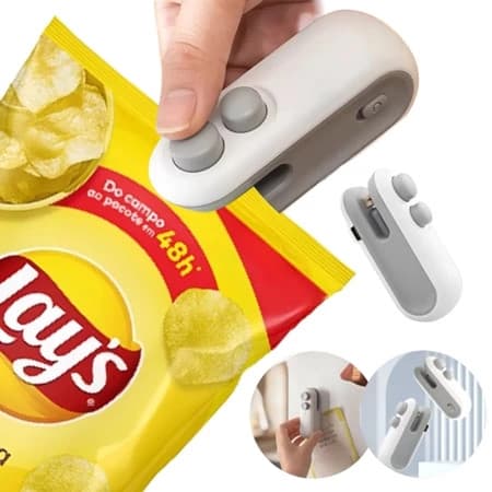 Seladora Portátil Mini 2 em 1 Sela e Abre Sacos Design Magnético Conserva Alimentos Frescos USB Recarregável