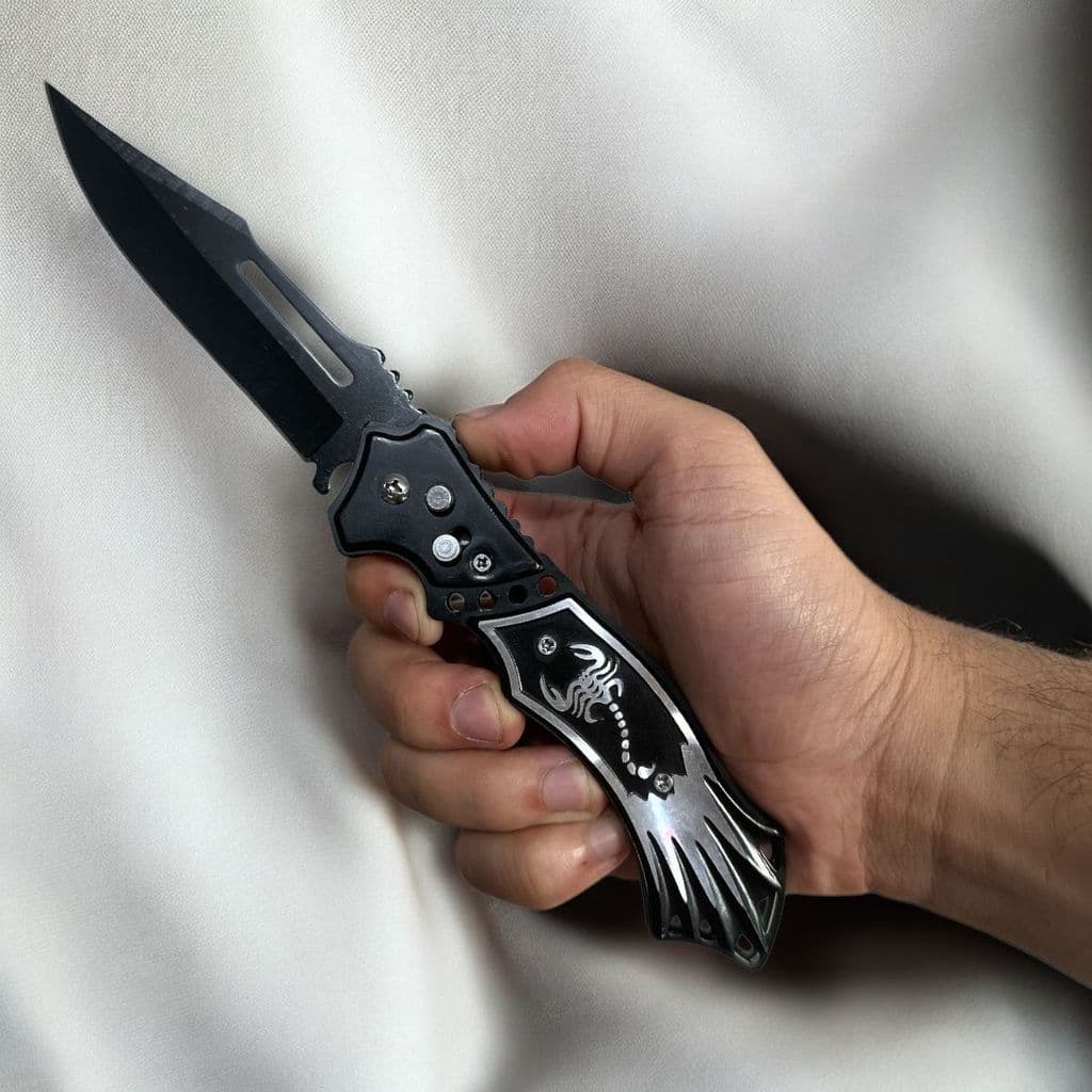 Canivete Automatico Saque Rapido Com Trava Clip de bolso metal inox Caça Pesca Camping  Escorpiao