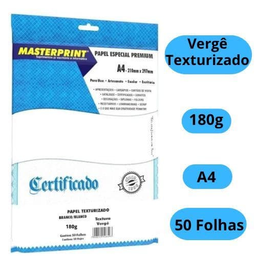 Papel Vergê 180g Texturizado - A4 Branco Premium 50 Folhas - Masterprint
