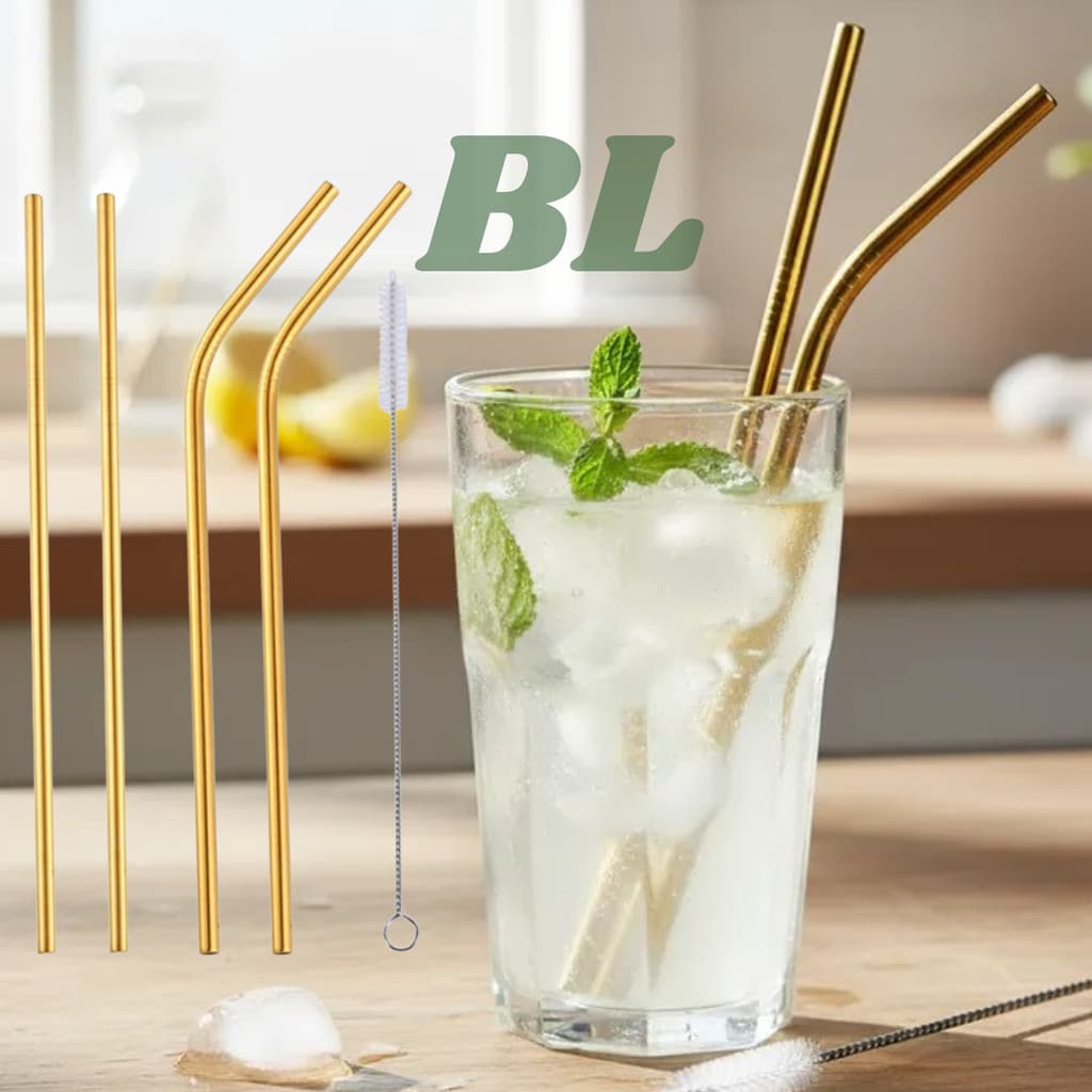 4 Canudos de Inox 21,5cm Dourado Reutilizáveis + Escovinha de Limpeza