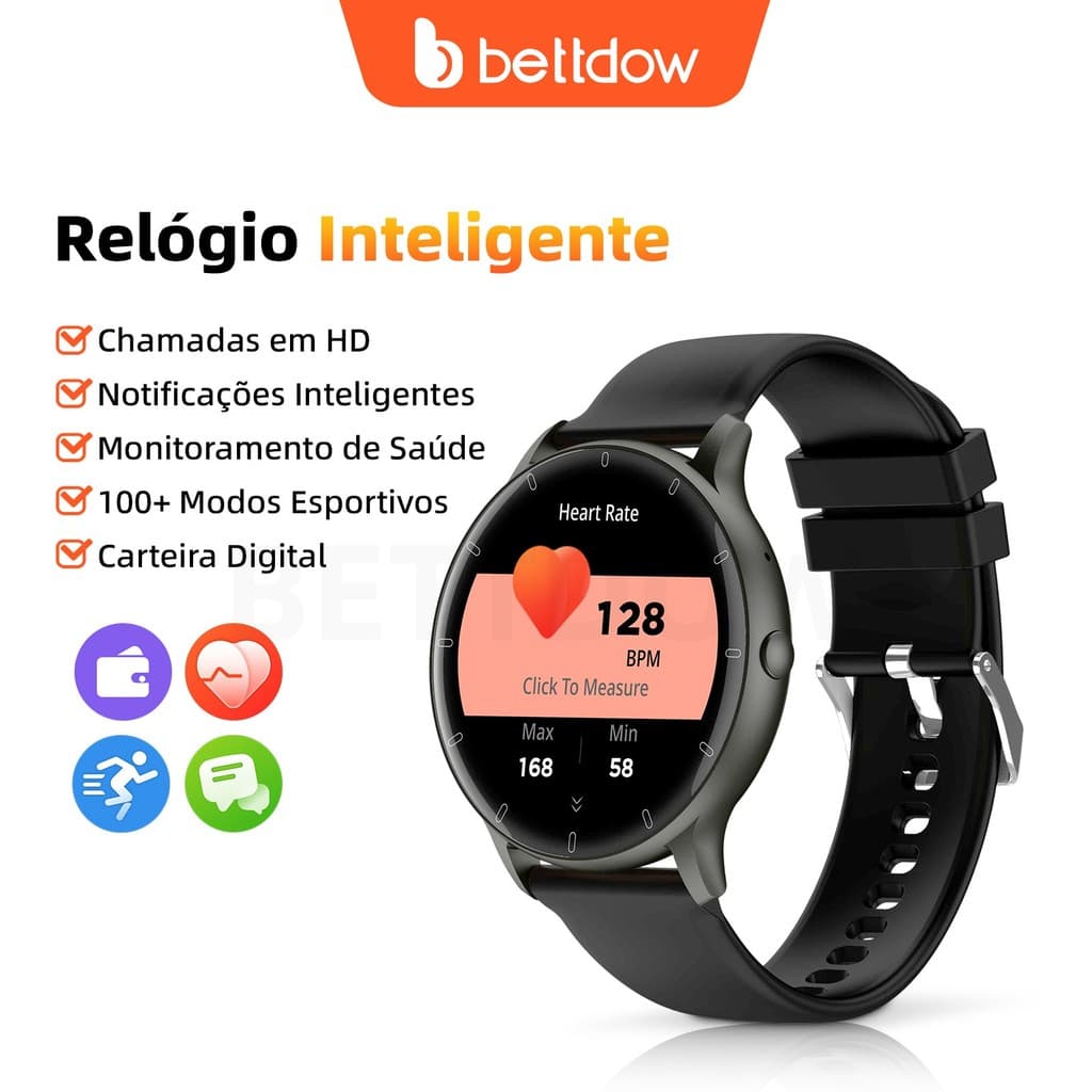 Relógio inteligente BETTDOW, à prova d'água IP67, tela IPS curva de 1,28 polegadas, chamadas Bluetooth, carteira eletrôn