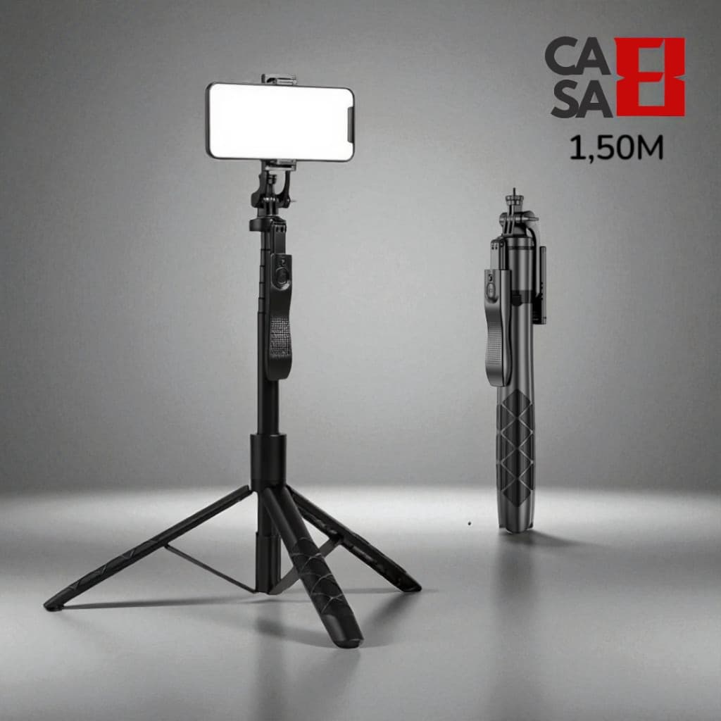 Tripé para Celular Profissional 360 Bastão Selfie 1,5m com Controle Bluetooth Removível e 1/4 Rosca