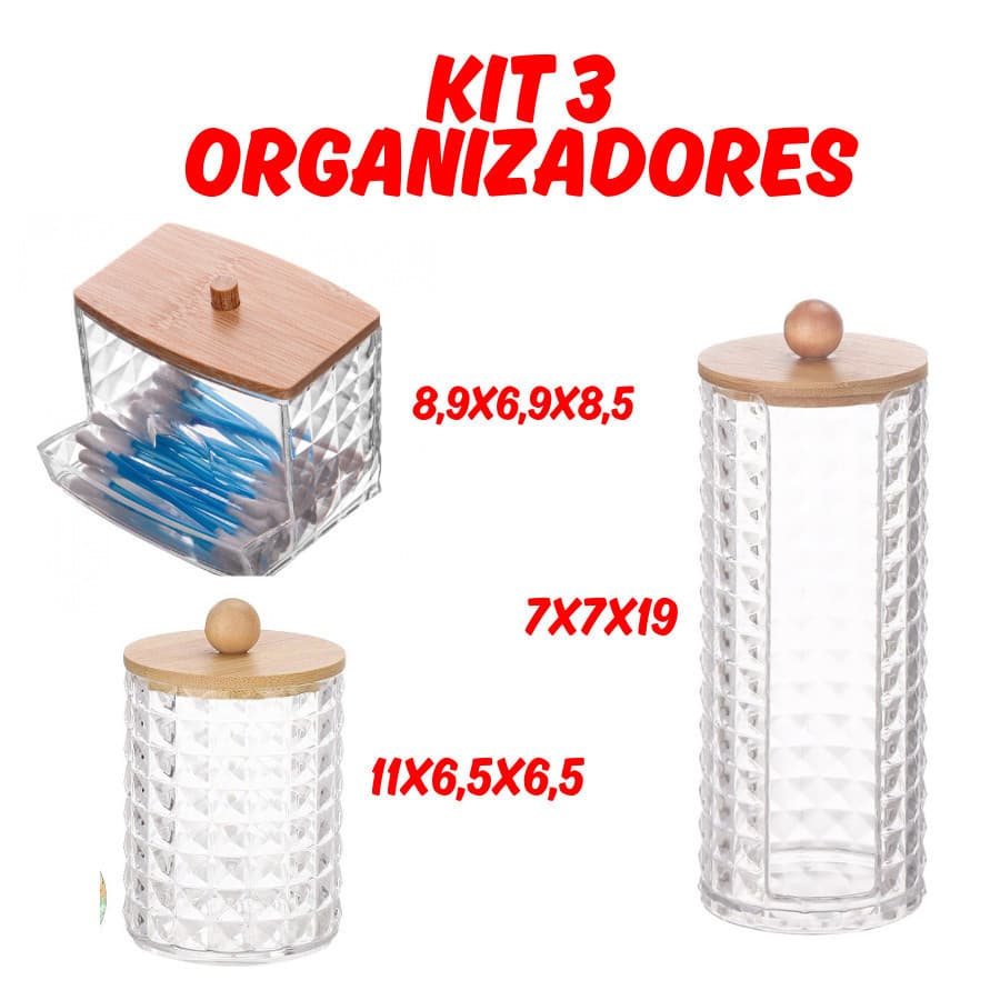 KIT 3 Potes Organizadores Porta Algodão Porta Cotonete Tampa De Bambu Multiuso Acrlico