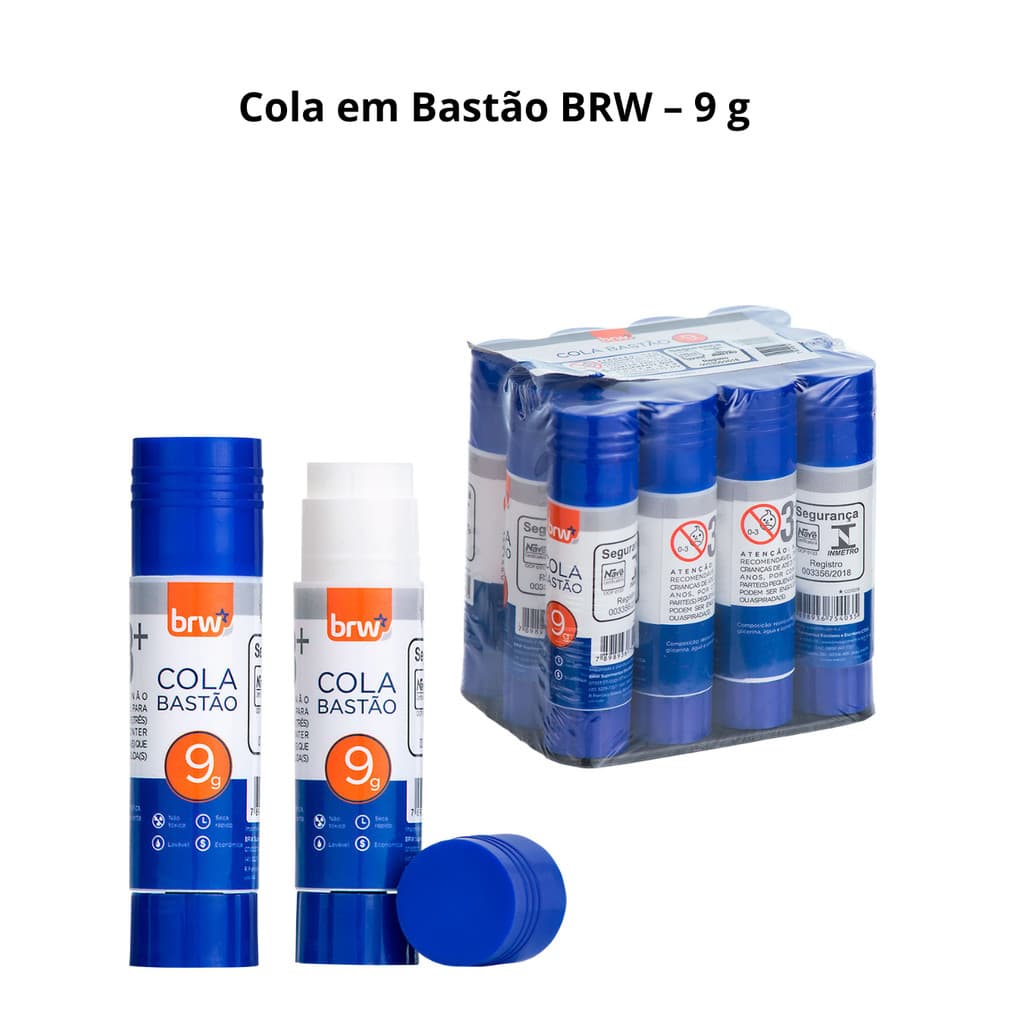 Cola em Bastão BRW – 9 g / 21 g / 36 g – Escolar, Escritório e Artesanato