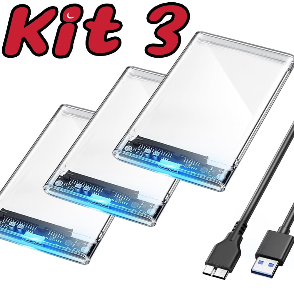 Kit 3 Case Gabinete HD Externo 2.5” SATA para USB 3.0 5Gbps Compatível PC Notebook Windows Mac Linux
