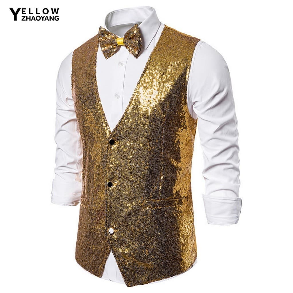 Men Polyester Suit Vest Elegant Solid Color Shiny Sequin Men's Set for Stage Show and Performance Slim Fit V Neck Waistc