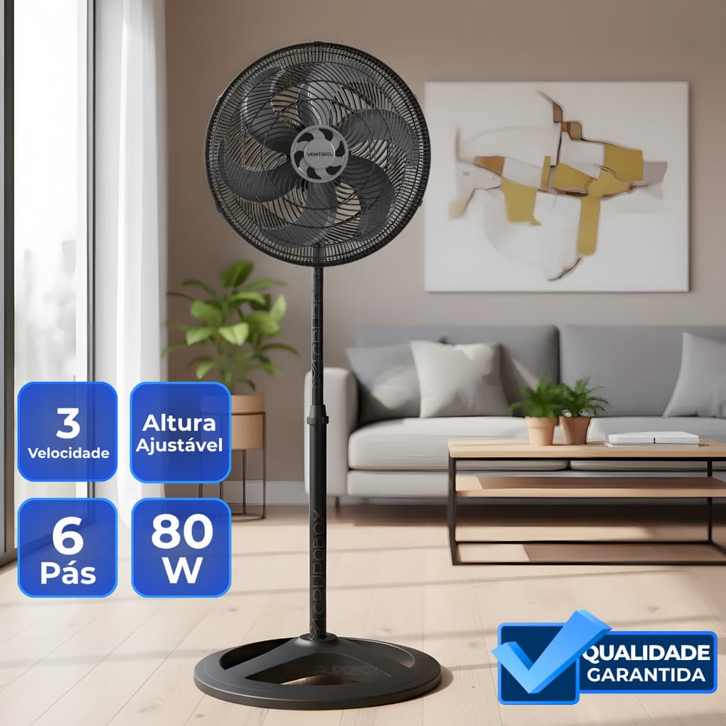 Ventilador de Coluna 80W Turbo 6 40cm Preto 6 Pas Ajustavel Oscilante Potente e Silencioso