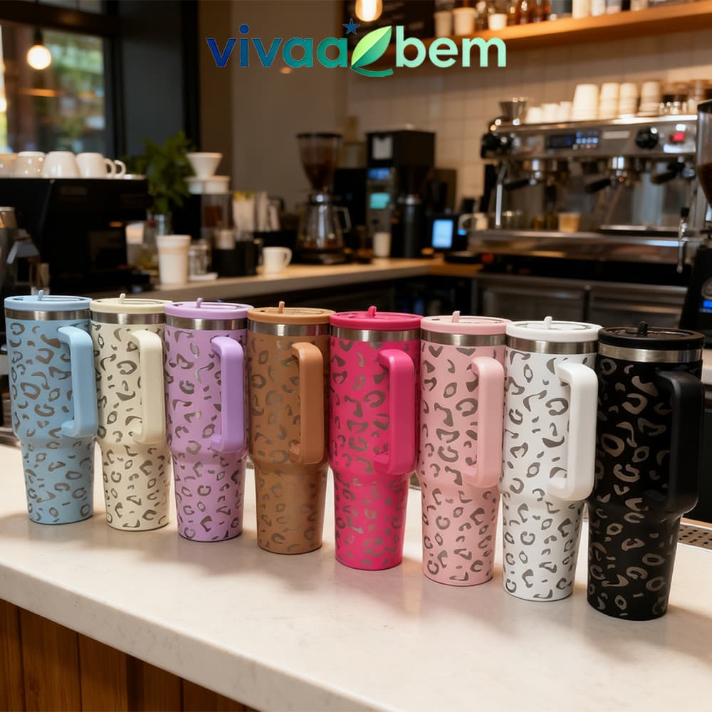 Garrafa Térmica SUPER Grande 1200ml Aço Inox Dupla Parede com Tampa de Canudo Estampa Onça Chamativa