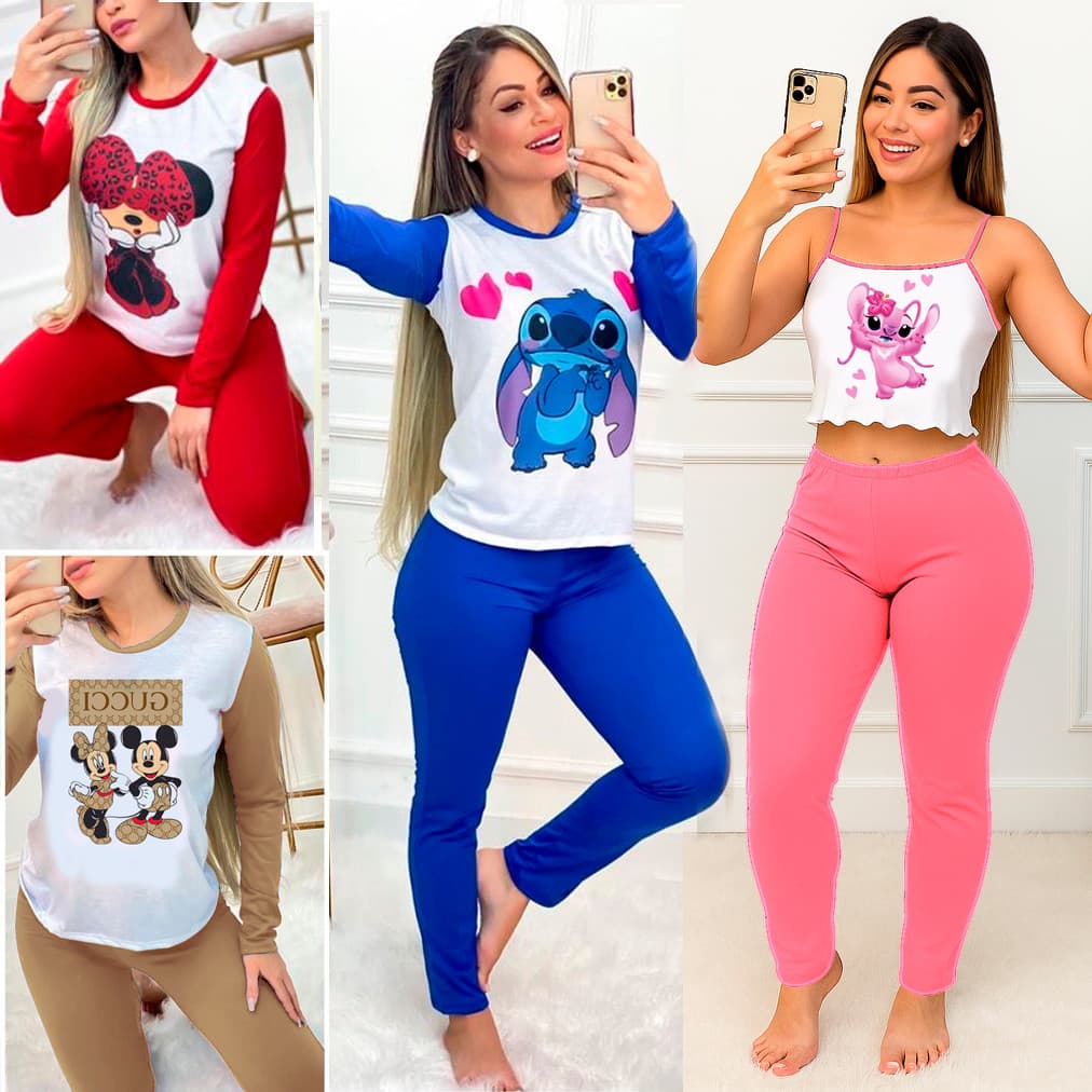Pijama Feminino Manga Longa e Calça Luxo Inverno Personagens Manga Longa e Calça Inverno Personagens