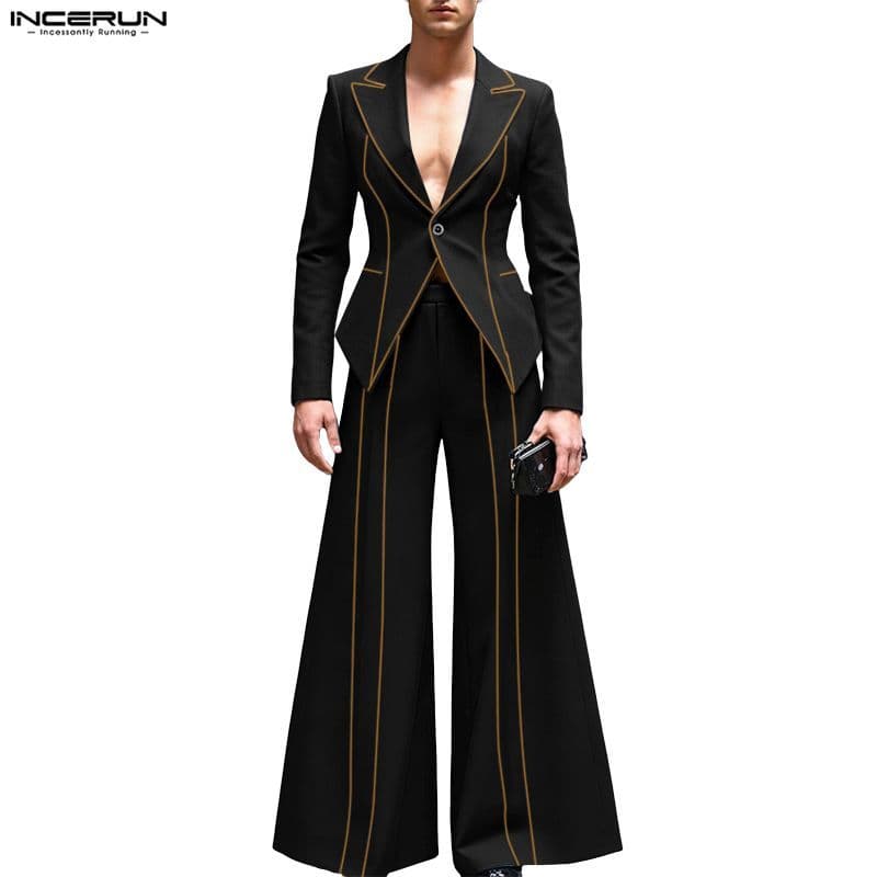 INCERUN Masculino Vintage Elegante Festa Lapela Manga Comprida Botão Até Perna Larga Contraste Linha 2 Peças Ternos