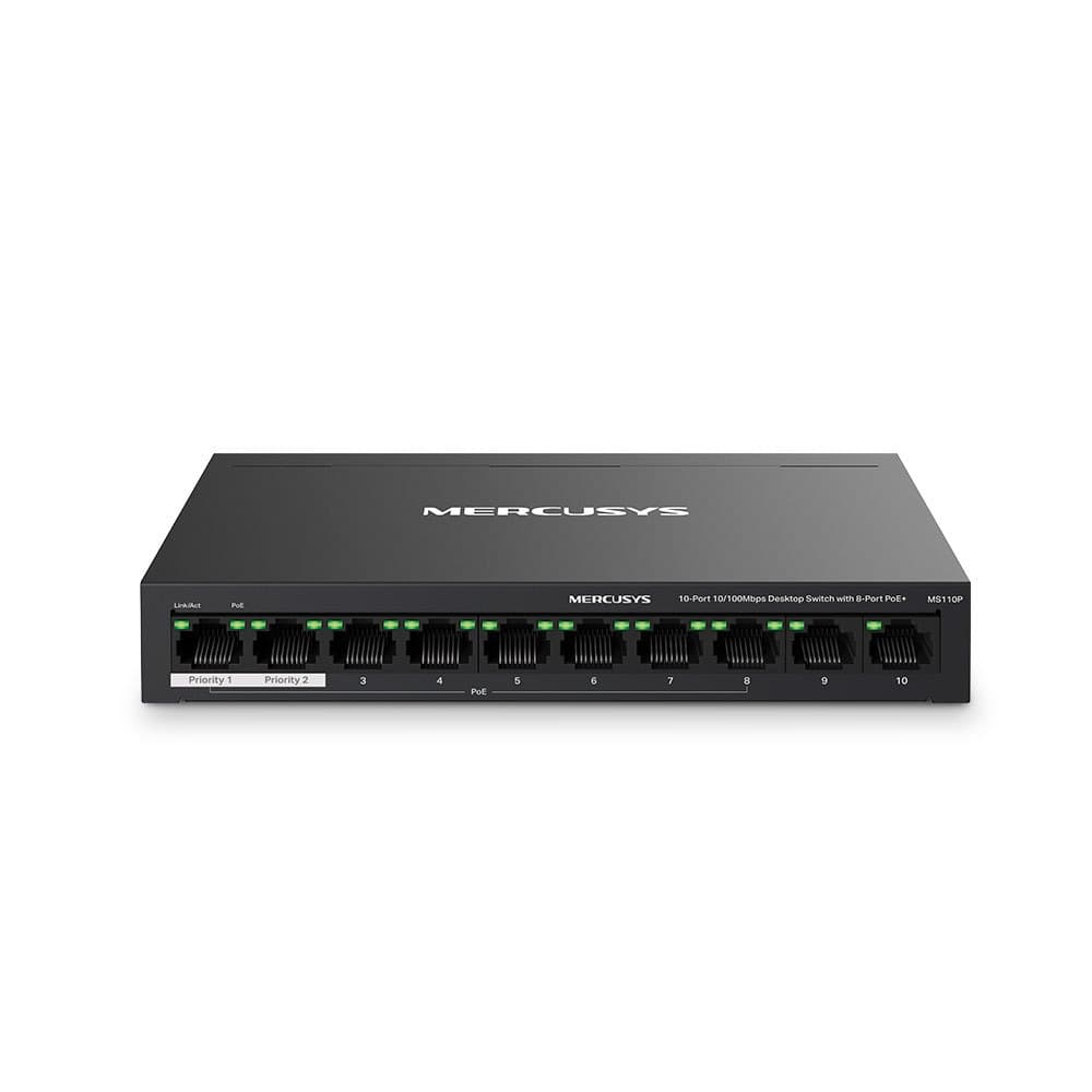 Switch Mercusys 10 Portas De Mesa 10/100mbps, Com 8 Portas Poe+ - Ms110p