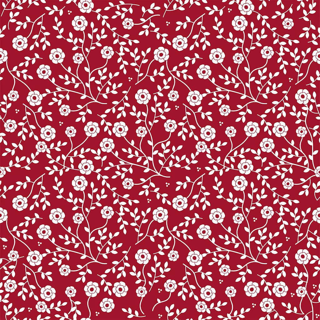 Tecido Tricoline Raminhos e Flores Fundo Vermelho - Peripan - 50 x 150 cm