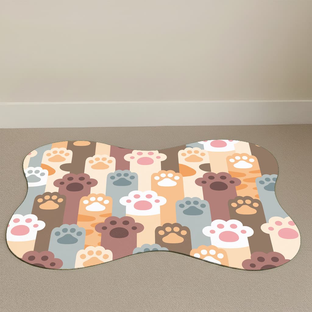 Tapete Para Comedouro Pet 46×33cm Base Antiderrapante, Cachorros, Ossinhos e Patinhas