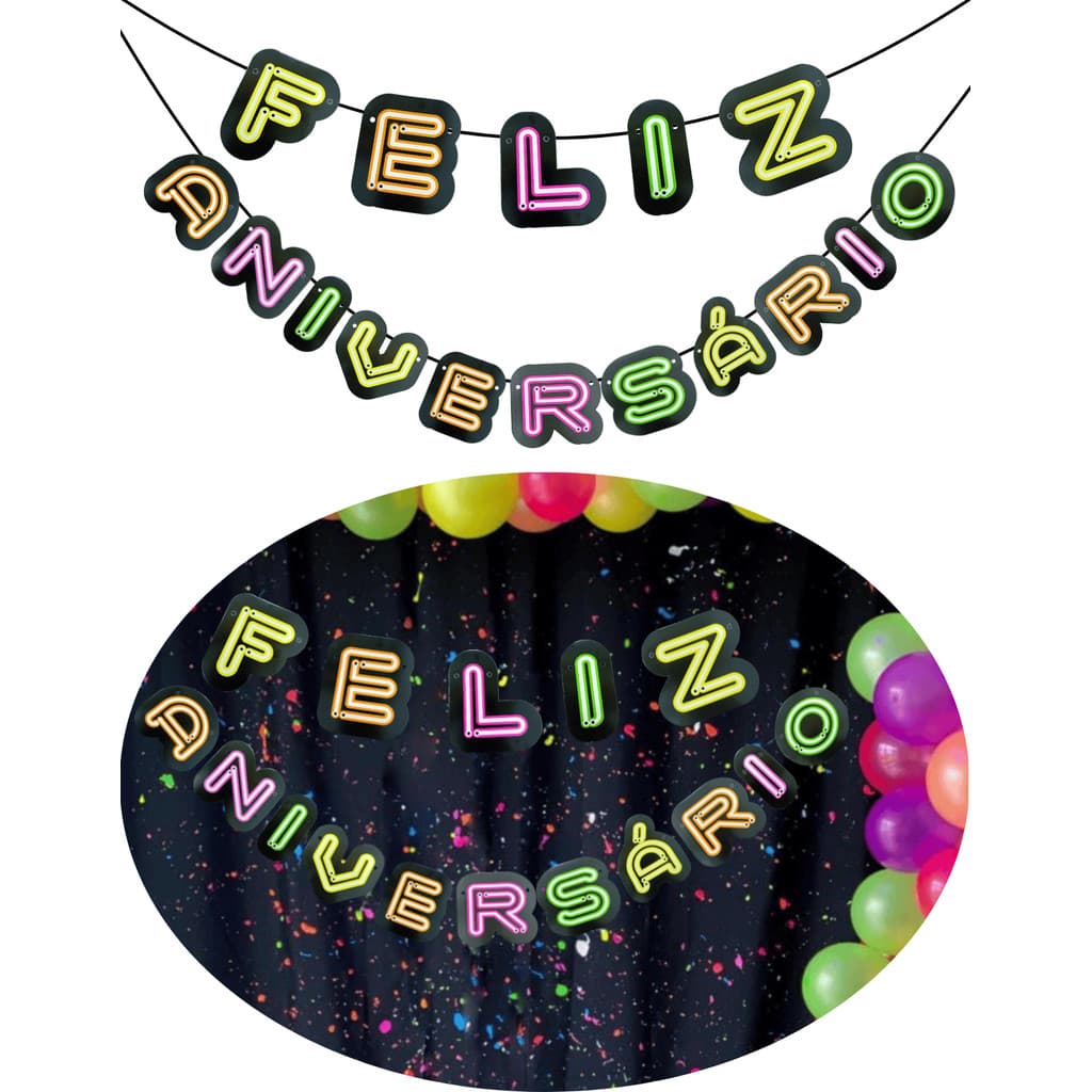 Faixa de Papel Letreiro Feliz Aniversário Neon Geek Decorativo11x10cm