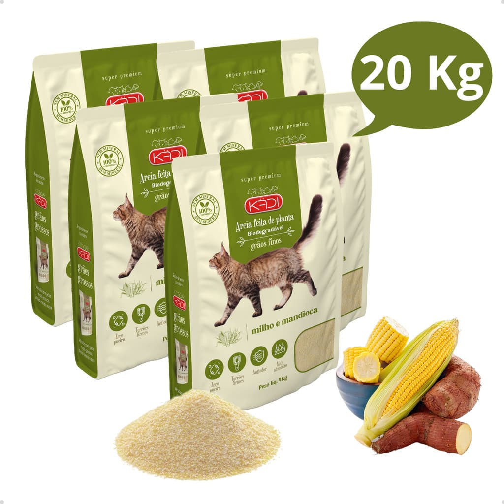 Kit 5 Areia Higiênica Natural Biodegradável de Grãos Finos de Milho e Mandioca para Gatos Kadi 20 kg