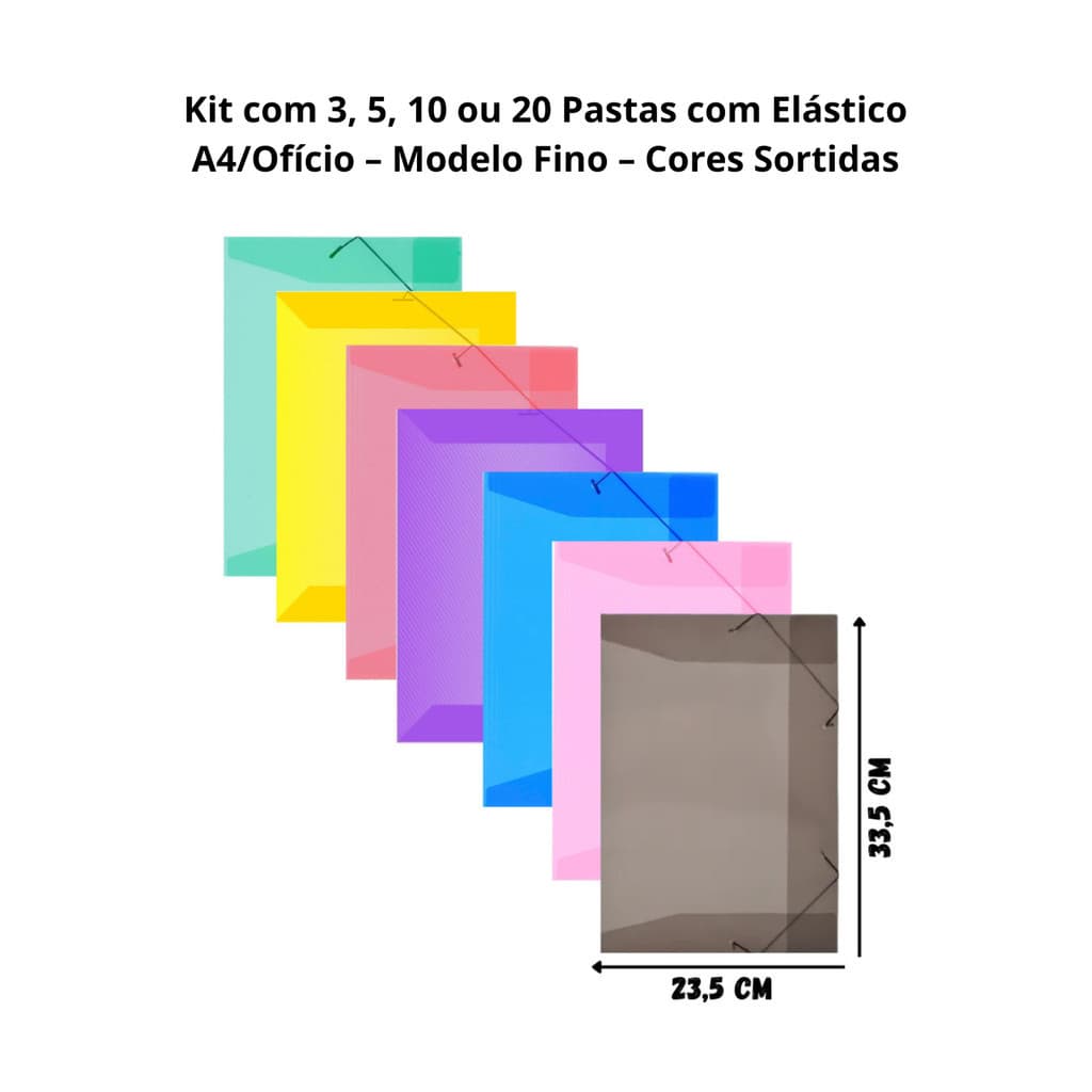 Kit  com 3, 5, 10 ou 20 Pastas com Elástico e aba A4/Ofício ACP – Modelo Fino – Cores Sortidas