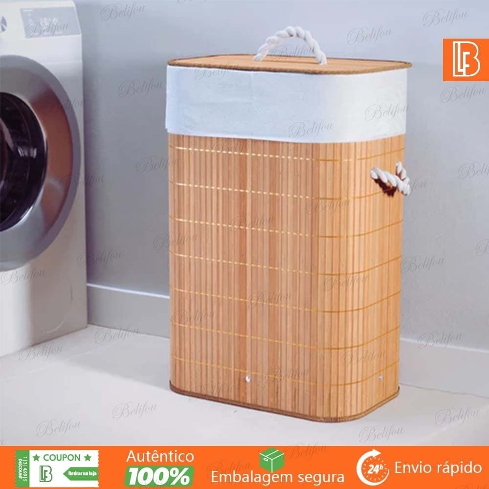 Cesto de Roupa Suja 72 LITROS Lavanderia Bambu Com Tampa Banheiro Dobrável Cesto de Roupa