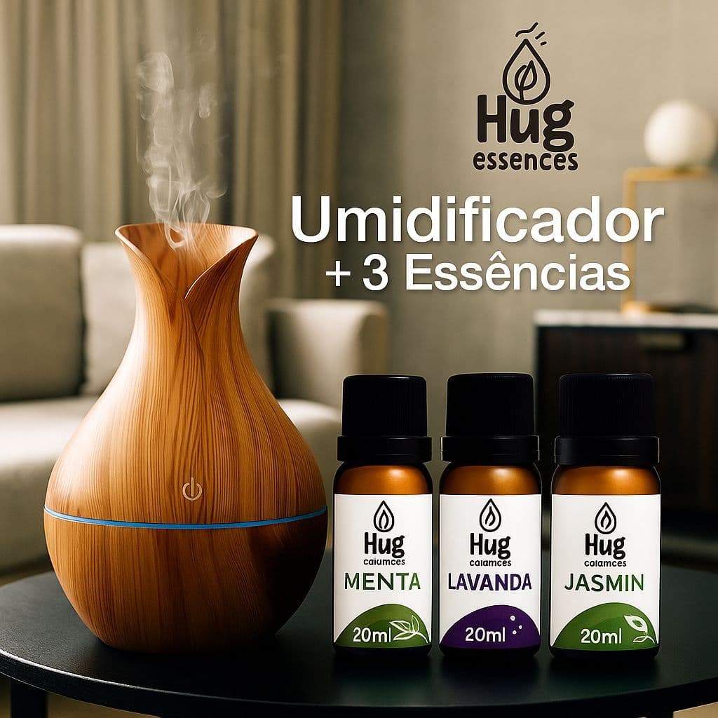 Umidificador De Ar + 3 Essências Sortidas Hidrossolúvel | Difusor Modelo Vaso 200ml | Essências 20ml