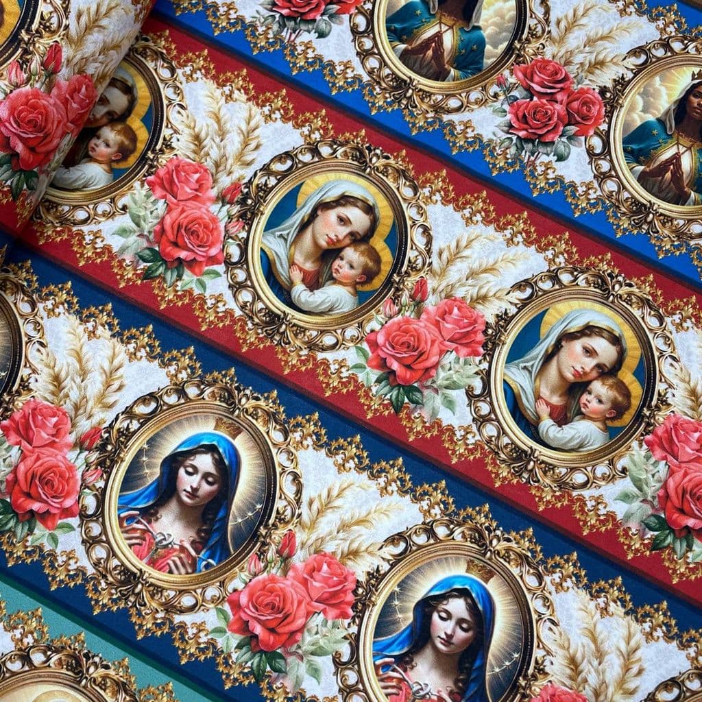 Tecido Tricoline Digital Nossa Senhora com Rosas 55cm x 1,50mt Religioso 10 Barrados 100% Algodão