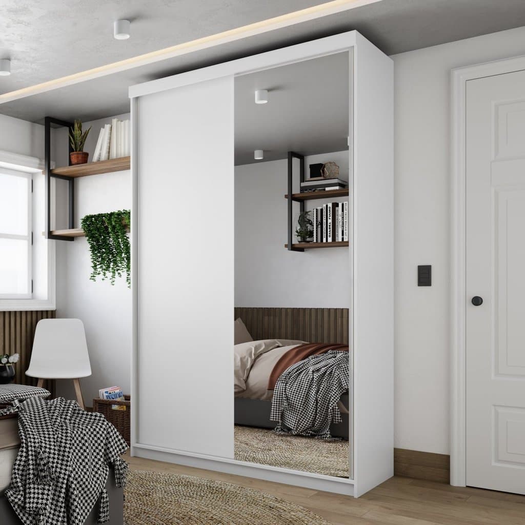 Guarda-roupa Solteiro 100% Mdf Bp com 2 Portas e 1 Espelho Geneve Branco