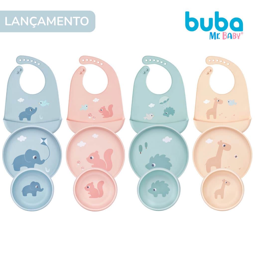 Pratinho para Bebe com Ventosa Introdução Alimentar Babador em Silicone e Talheres para Bebe Buba