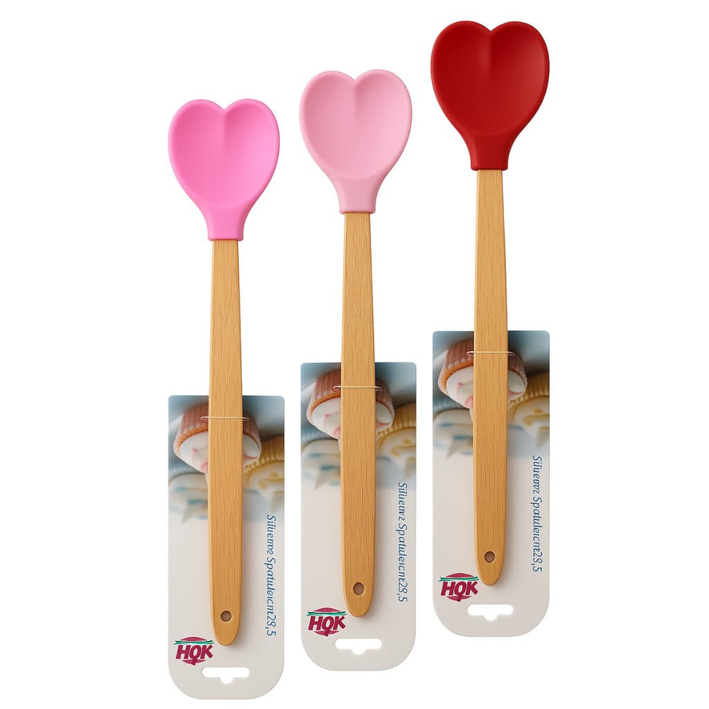 Kit 3 Espátula Coração ou Unidade de Silicone – Cores Rosa BB, Pink e Vermelho – Cabo de Madeira