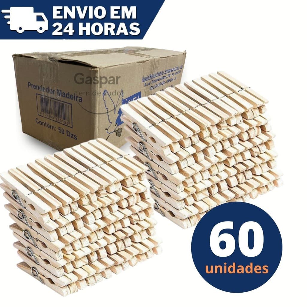 Prendedores Pregadores Roupa Madeira Artesanato Embalagem c/ 60 unidades Grampo de Madeira