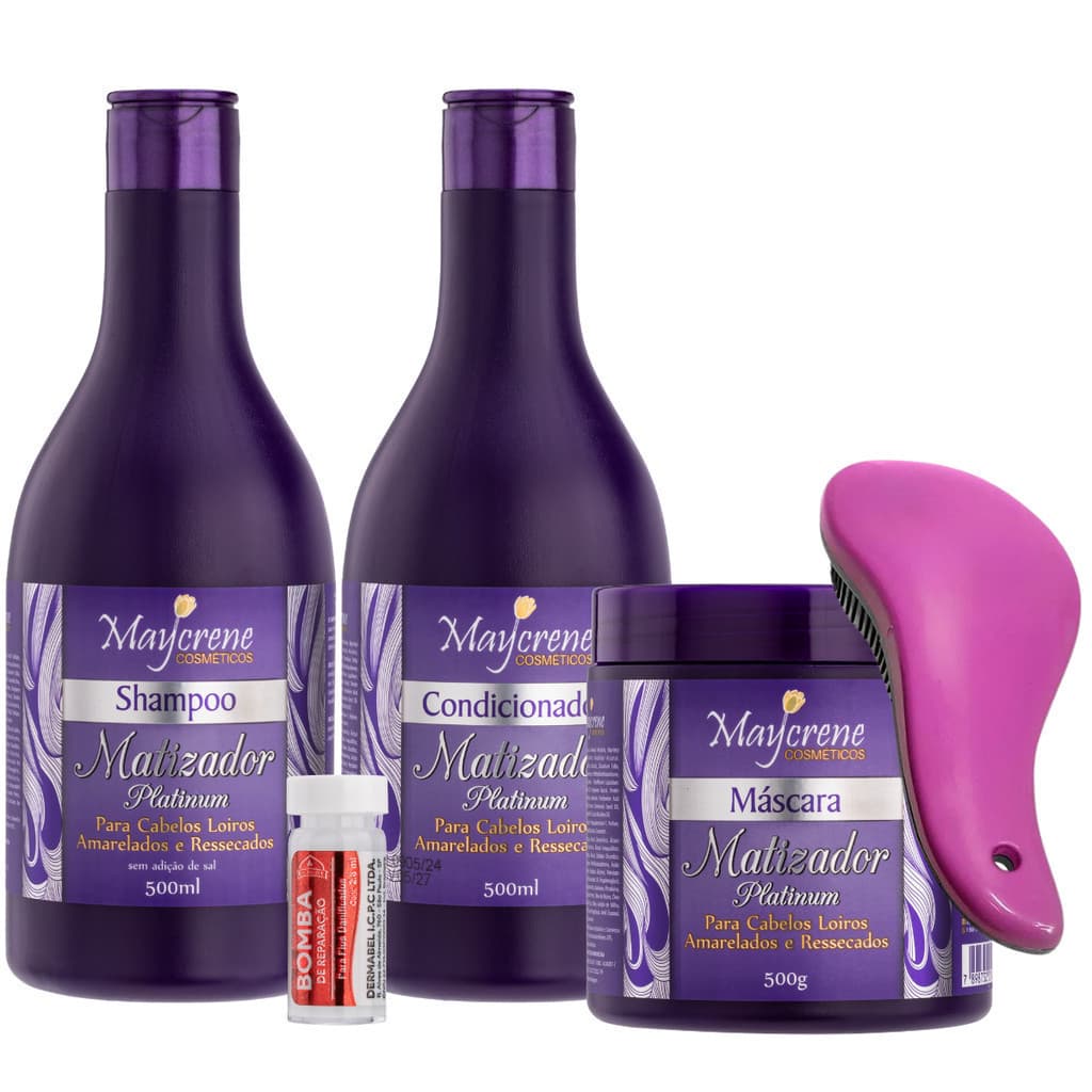 Matizador Loiro Platinado, Ampola Vitamina Cabelo e Escova Mágica Kit 5 Itens Platinum Maycrene