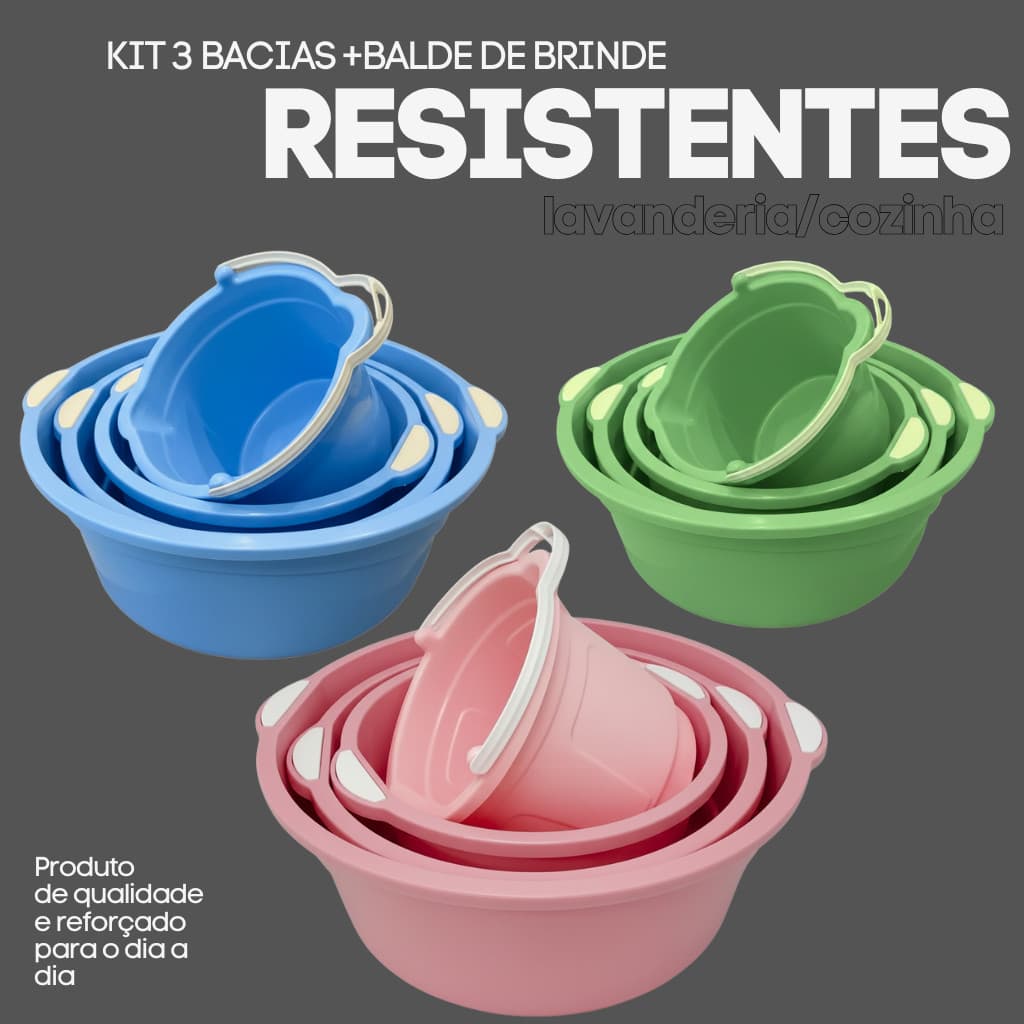 Kit 3 Bacias Plásticas Grandes E Balde Multiuso Para Limpeza Lavanderia Cozinha
