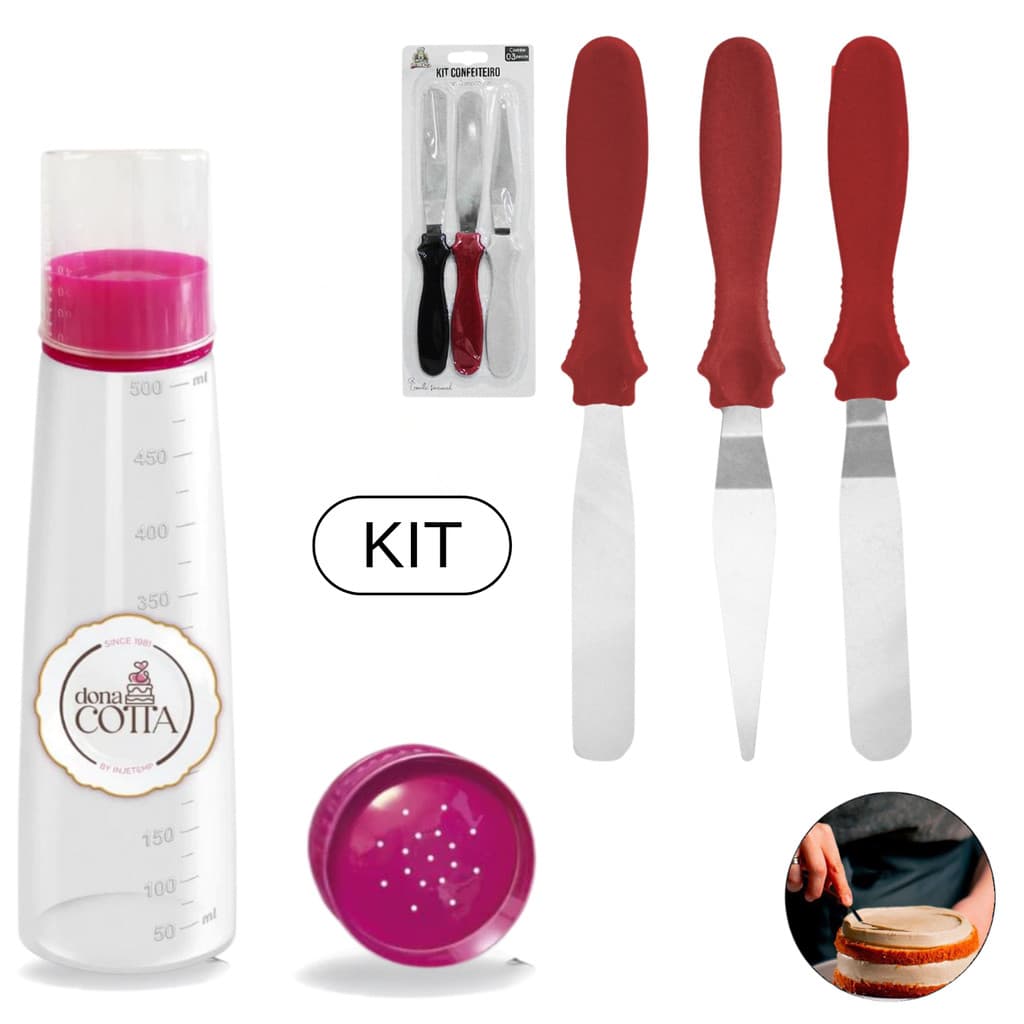 Kit 1 Regador de Massas Bolos 3 Espátulas Decoradoras Confeiteiro Cores Sortidas