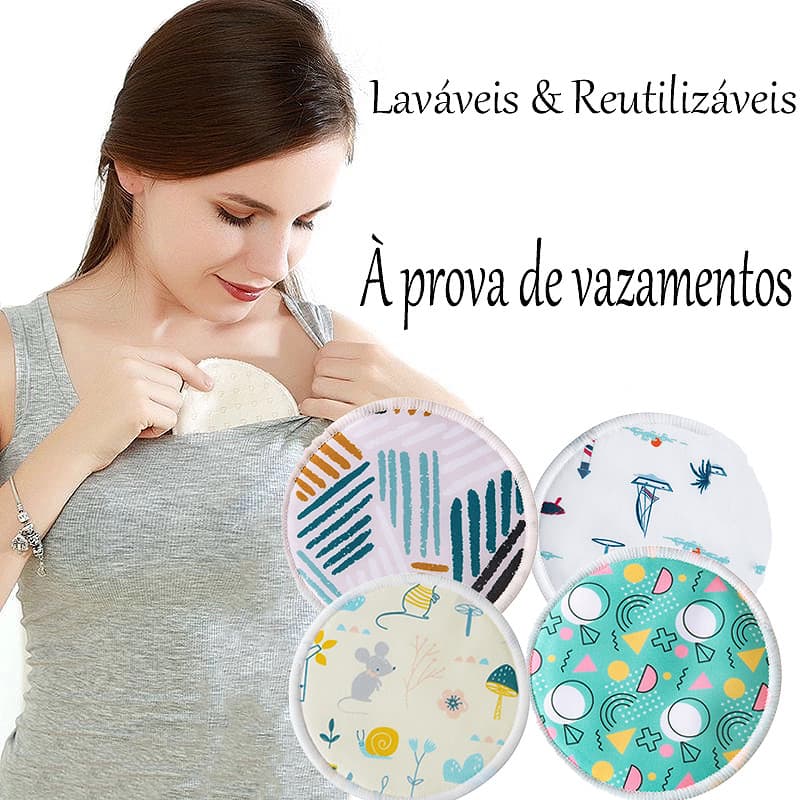 Kit 4 Absorventes para Seios 3 Camadas em Fibra de Bambu — Impermeáveis, Laváveis, Estampa Digital (Pós-parto)