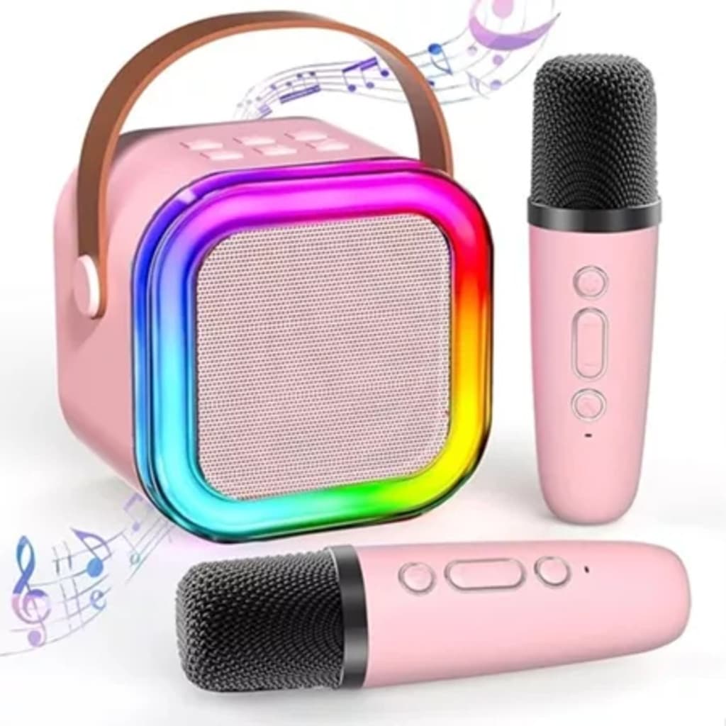 K12 Alto-falante Bluetooth Karaoke com Microfone, Luzes LED e Diversão para Toda a Família 2 Microfones