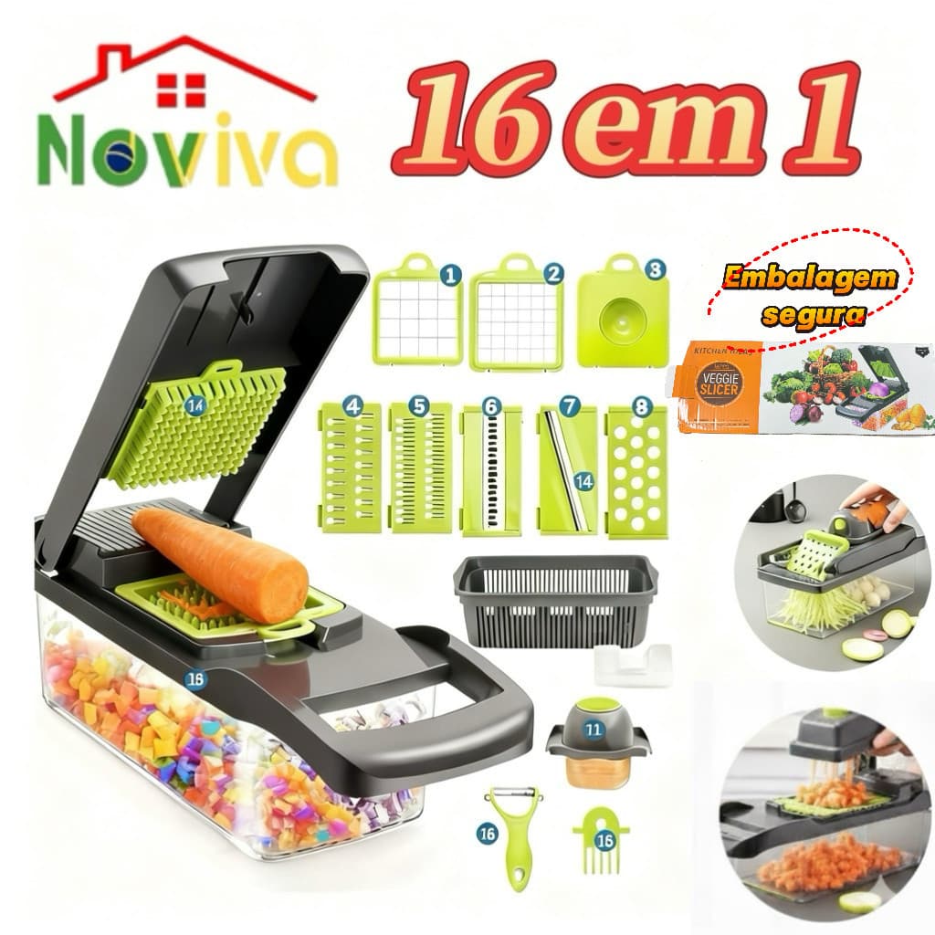 Cortador Multifuncional 16 em 1 Profissional Cozinha | Fatiador Ralador Aço Inox para Vegetais e Frutas