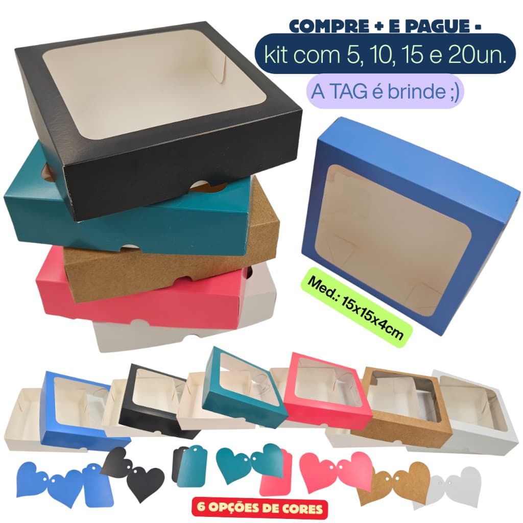 Caixa de Presente 15x15x4cm com visor + Tag Coração brinde | Rosa, Azul, preto, branco, kraft e verde.