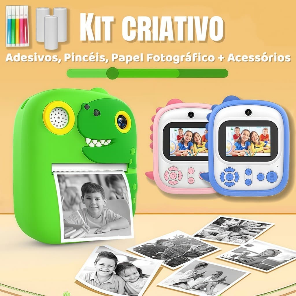 Kit Infantil Câmera de Impressão Dinossauro + Adesivos Animados + Pincéis de Pintura