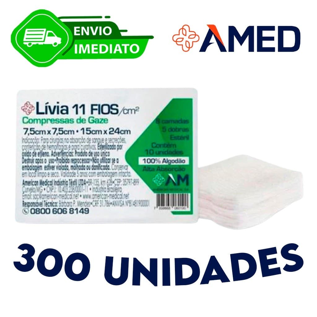 Kit C/300 Compressa de Gaze Esteril Lívia Hidrófila Gaze Esteril 13 Fios - 7,5x7,5cm Envio Imediato