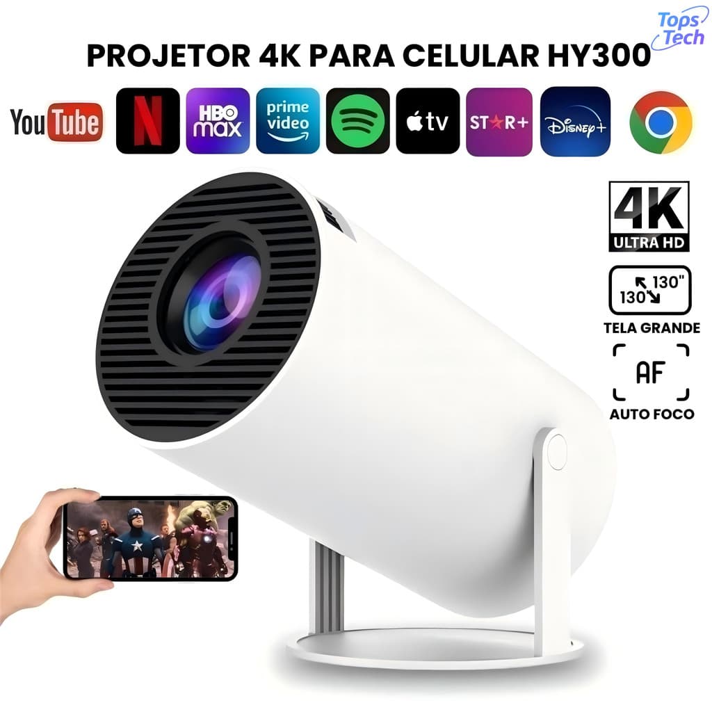 Projetor HY300 Portátil 4K HD 150 Polegadas Celular, Tv B0x, Xbox, PS, Pc, Wifi Bluetooth