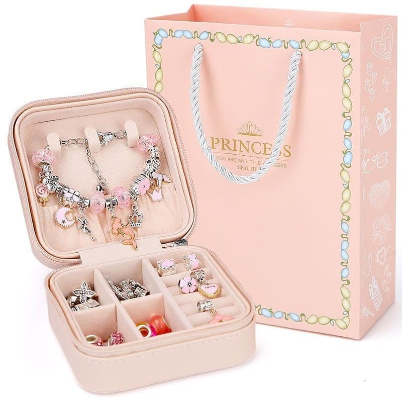 Kit Pulseira Colar Linda Diy 67pçs Com Porta de Joias Infantil Presente De Aniversário Para Meninas