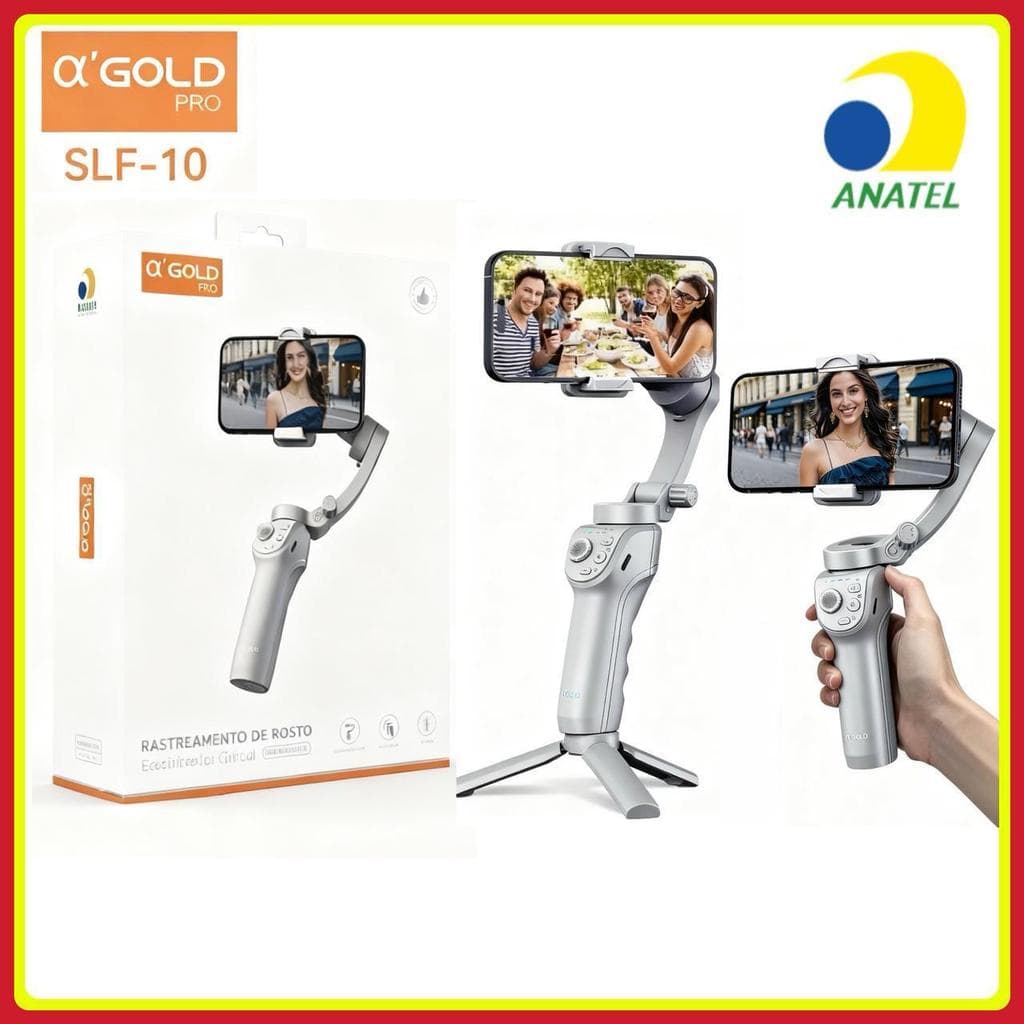 Estabilizador de Celular Portátil Gimbal com Rastreamento Inteligente de AI - 3 Eixos Profissional Bluetooth A’GOLD
