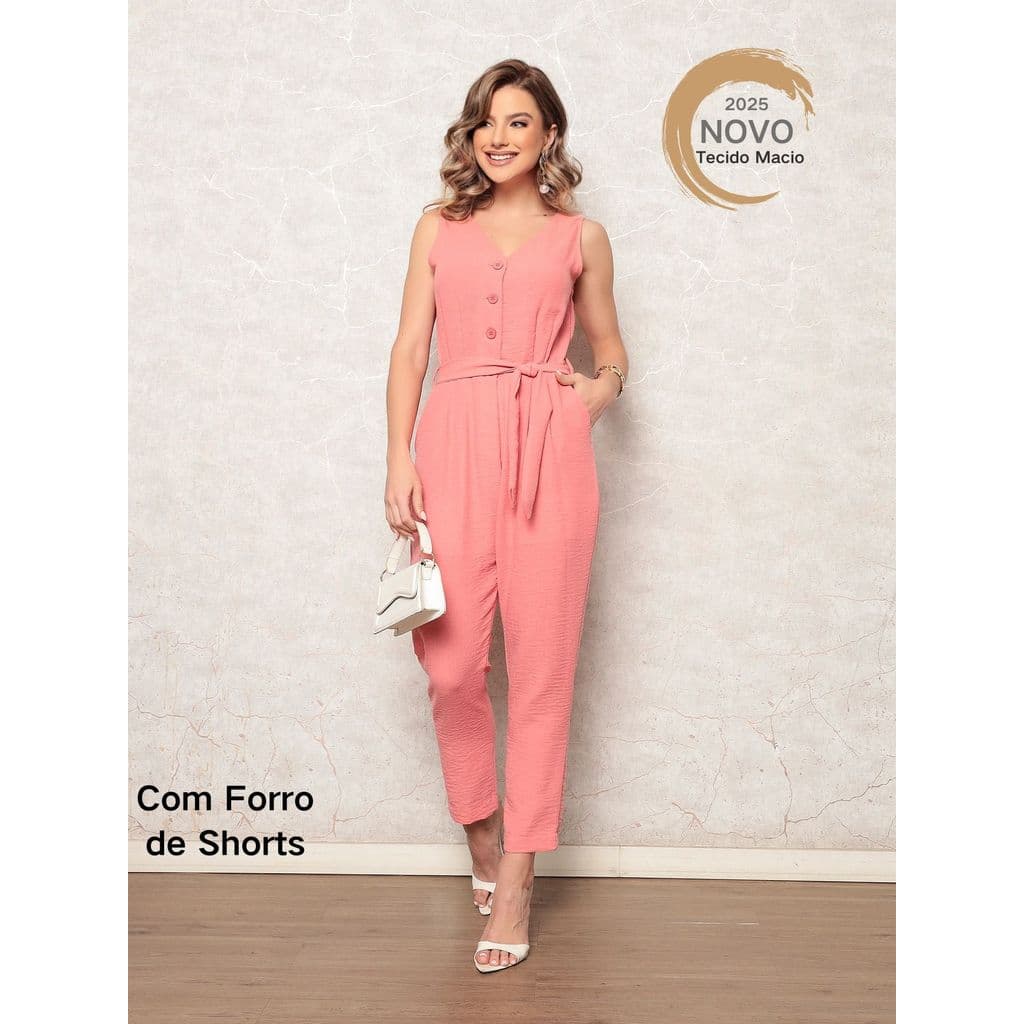 Macacão Longo Feminino Sem Mangas Com Decote Em V E Amarração Na Cintura Macacão Longo Botões Amarrar