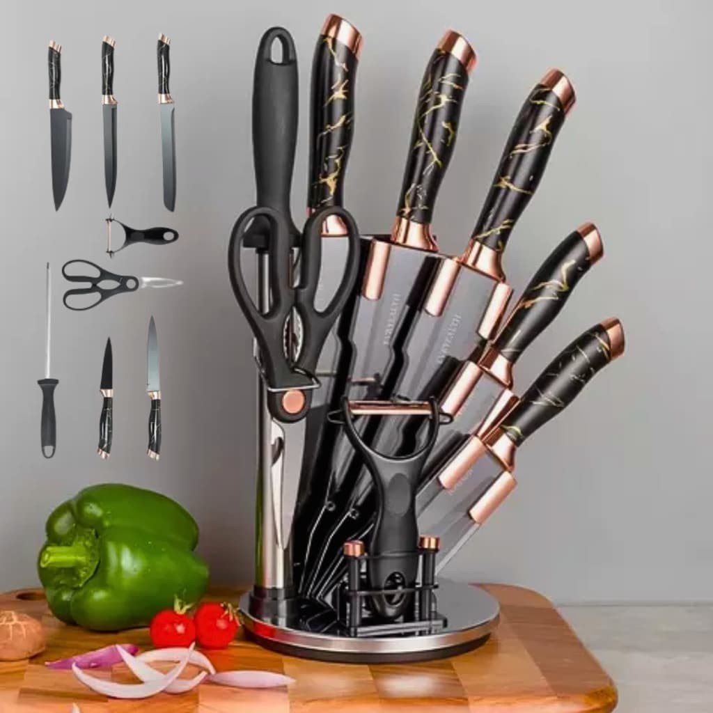 Jogo De Facas 8 Peças Faqueiro Com Suporte Cepo em Aço Inox