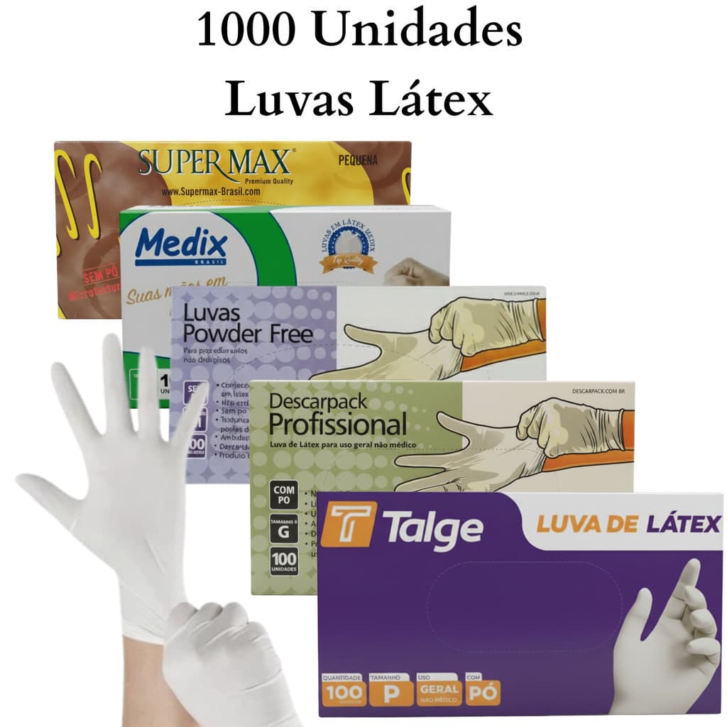 1000 Luvas de Látex com Pó – Brancas – Tamanhos P/M/G – Talge / Descarpack / Medix / Supermax