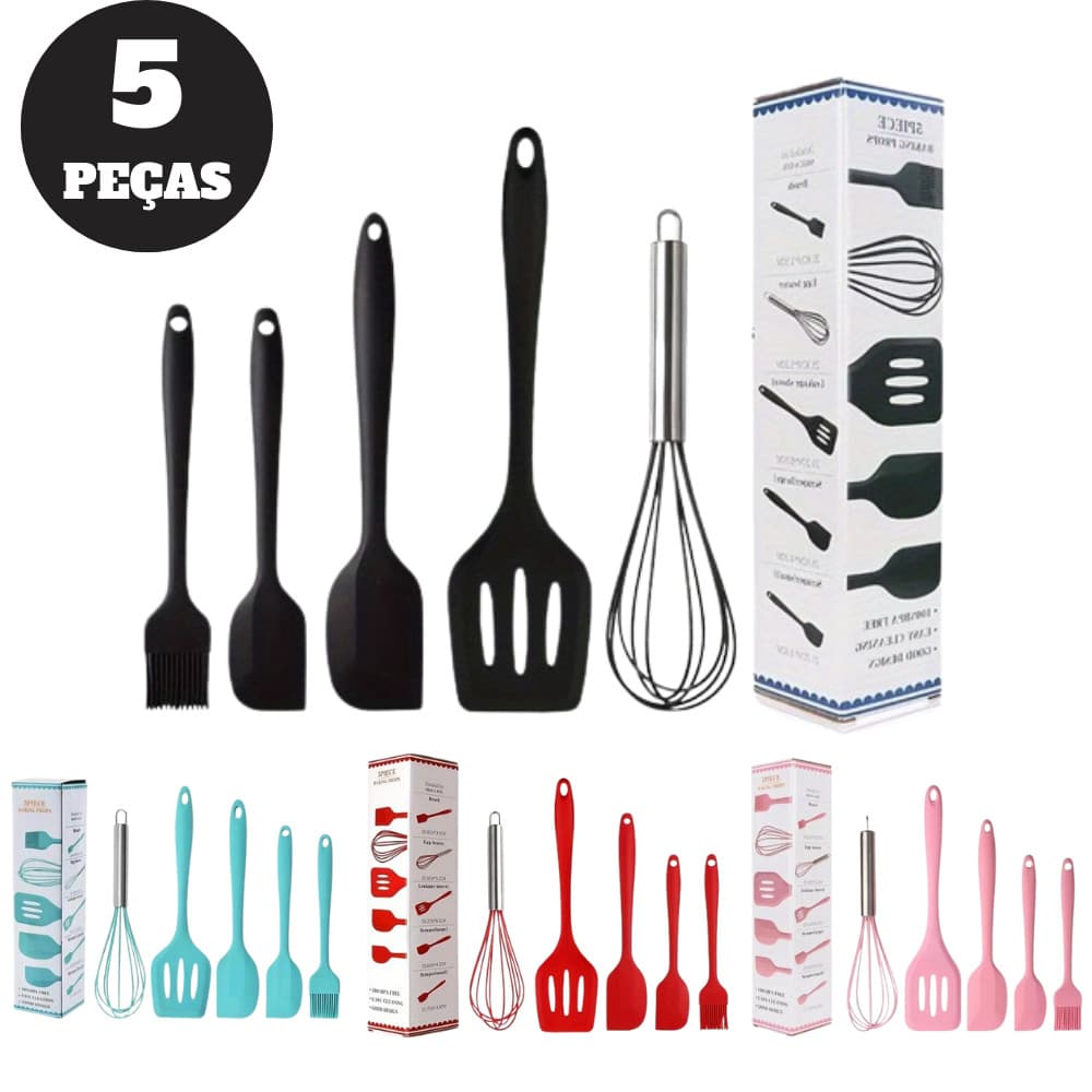 Kit 5  Utensílios de Cozinha Silicone Colher Espátula Fue Espátula Pequena Pincel