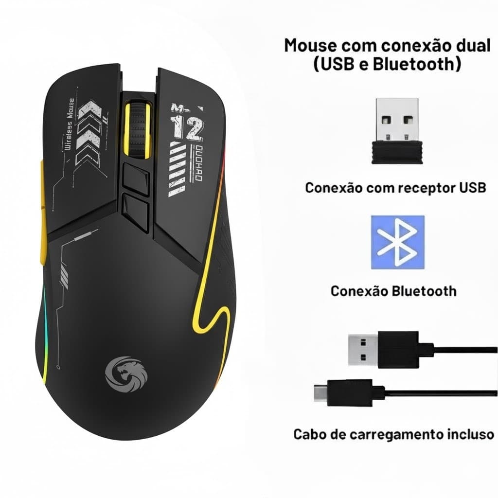 Mouse Sem Fio Bluetooth Recarregável Uniwity Com LED RGB , Design Ergonômico E Clique Silencioso