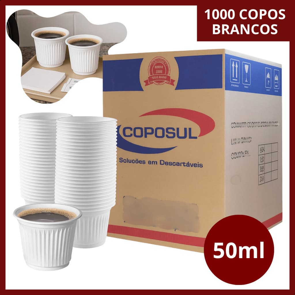 Kit 1000 Unidades Copo de Café Descartável 50ml Copinho de Cafezinho Chá Plástico Branco