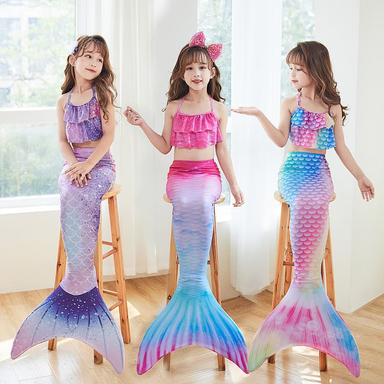 Crianças sereia maiô desempenho maiô de três peças cauda de peixe grande médio pequeno meninas vestido de princesa biquí