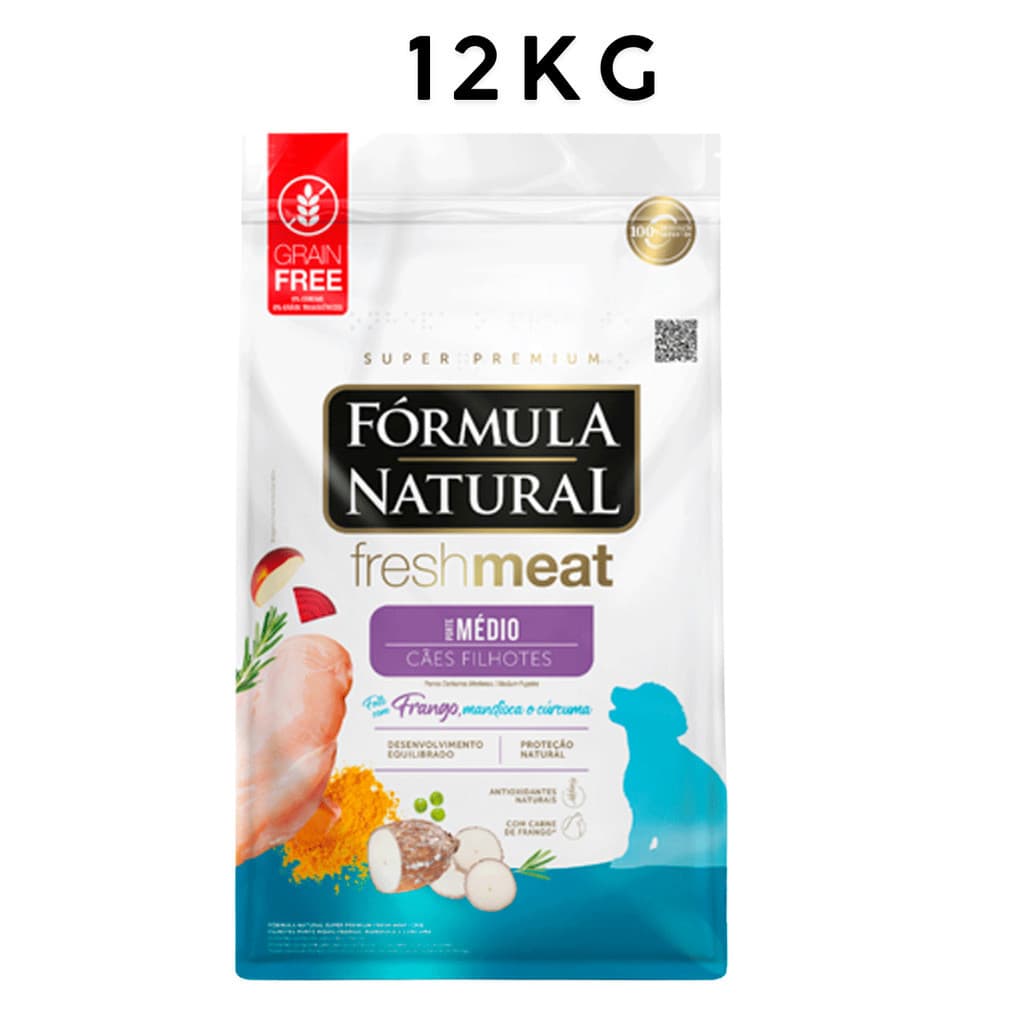 Ração Formula Natural Fresh Meat Filhotes médio porte-12KG-sabor Frango, Mandioca e cúrcuma - Adimax