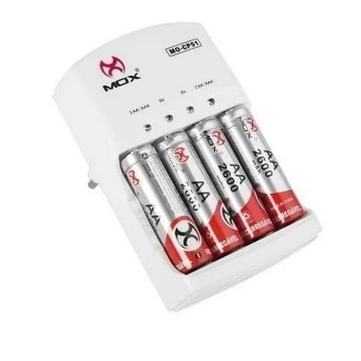 Carregador De Pilha AA + 4 Pilhas Recarregável Mox Bivolt