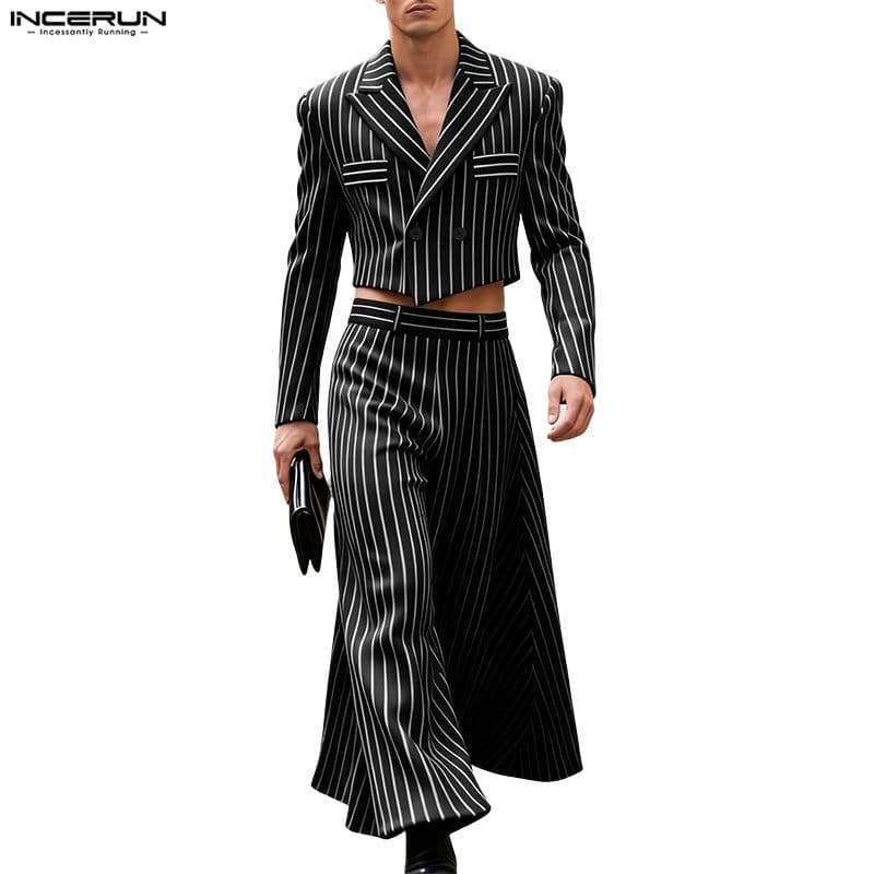 INCERUN Masculino Vintage Negócios Moda Terno Pescoço Manga Comprida Botão Até Perna Larga Listra Ternos De Duas Peças
